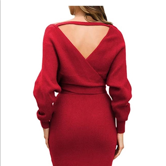 Women's V Neck Wrap Knit Dresses Batwing Sleeve Backless Slit Maxi Dress - Picture 3 of 6